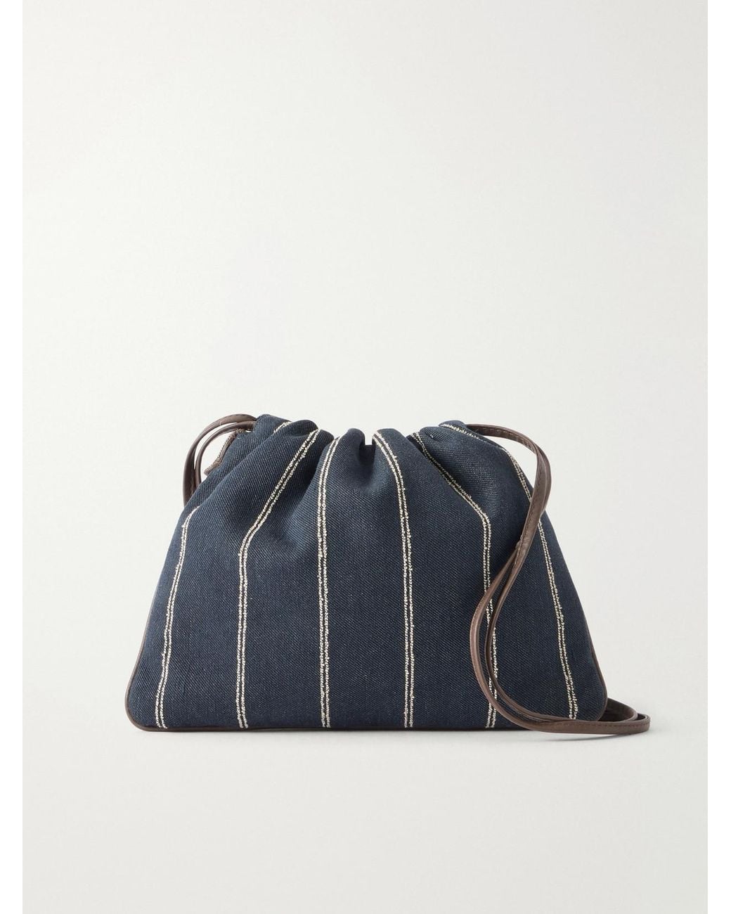 Brunello Cucinelli Blue Pinstriped Leather-Trimmed Denim Shoulder Bag