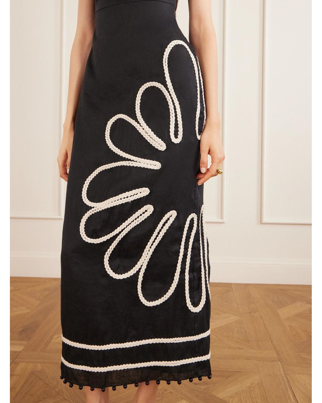 Cala De La Cruz White Paloma Bead-Embellsihed Embroidered Linen Midi Dress