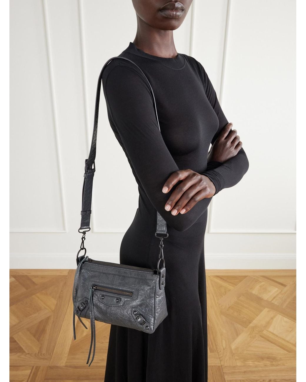 Balenciaga Gray Le City Moto Mini Crinkled-Leather Shoulder Bag