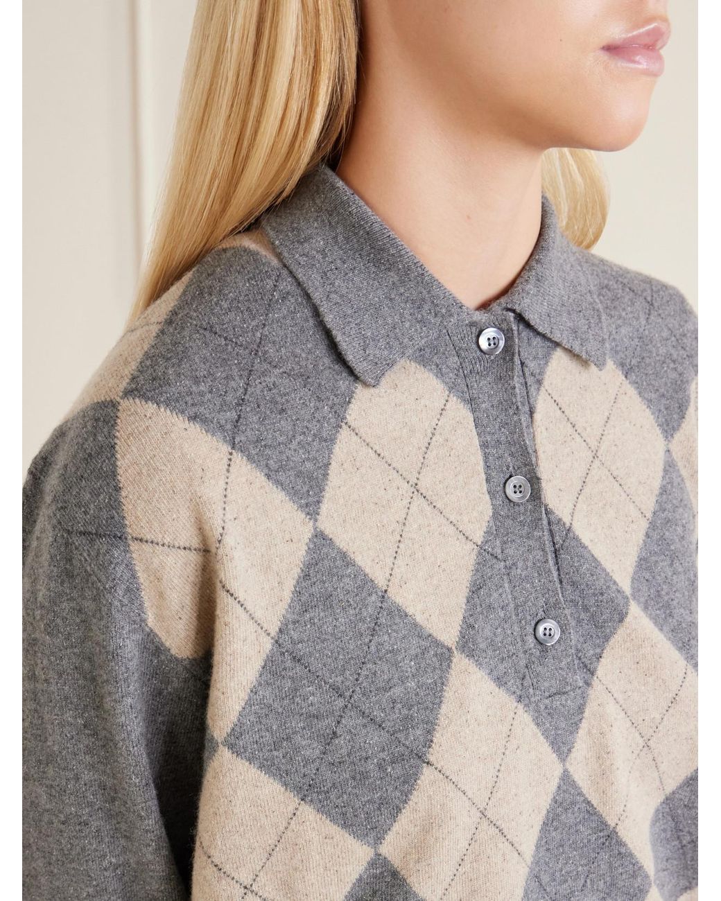 Rohe Gray Argyle Cashmere, Wool And Silk-Blend Polo Sweater