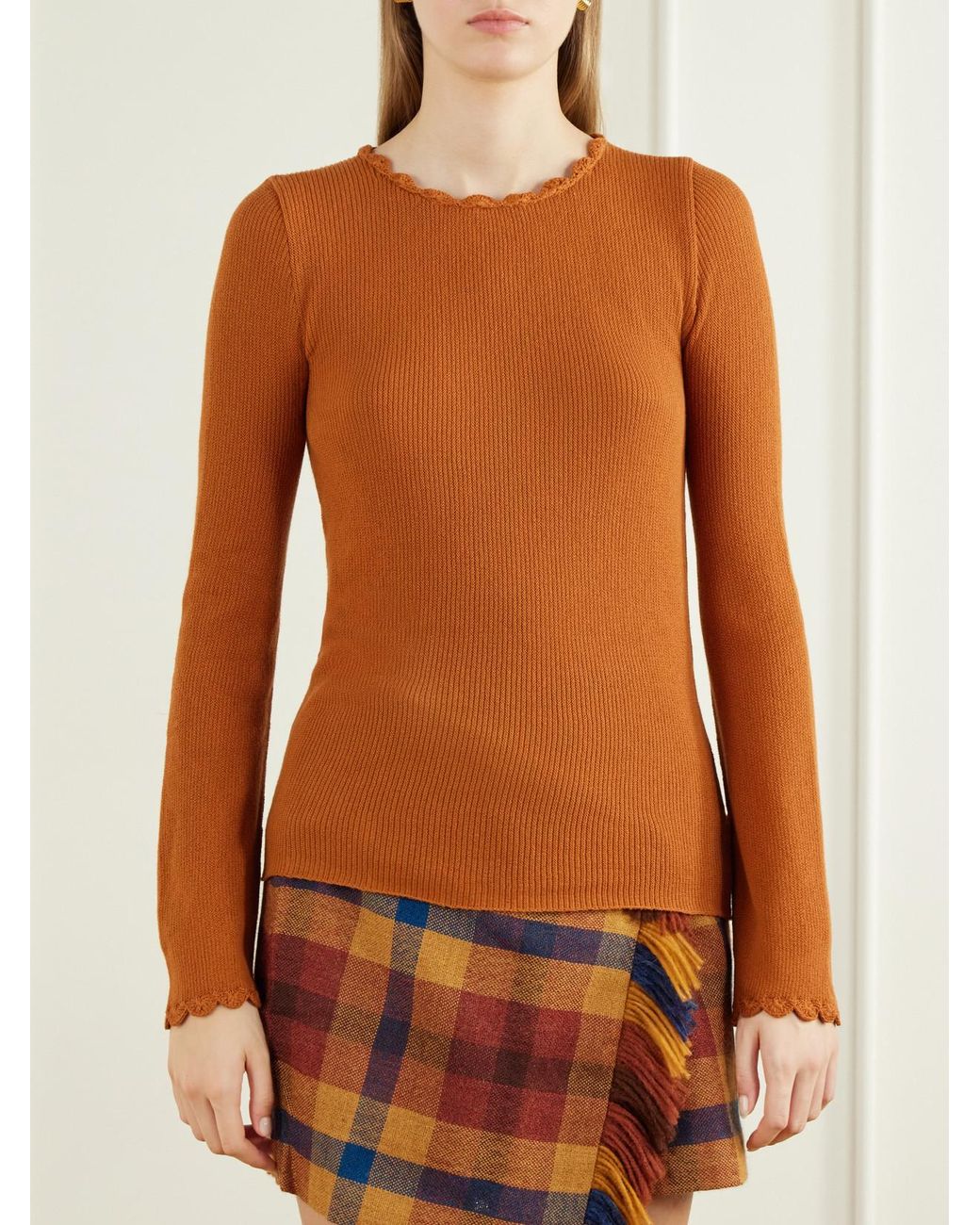 Escvdo Orange Bernabe Scalloped Ribbed Cotton Sweater