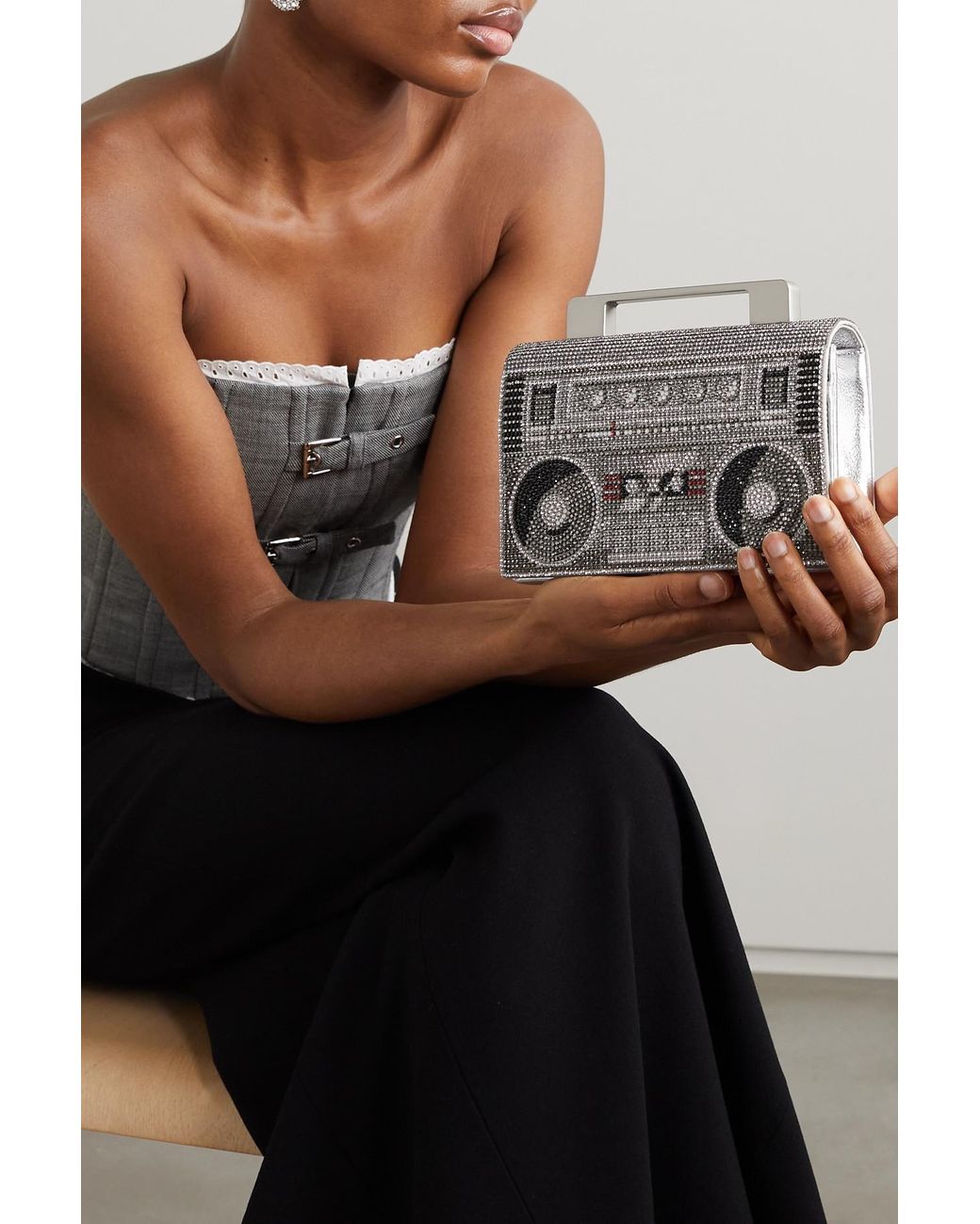Judith Leiber Boom Box Soft Boom Crystal-embellished Metallic Leather And  Silver-tone Clutch in Gray | Lyst