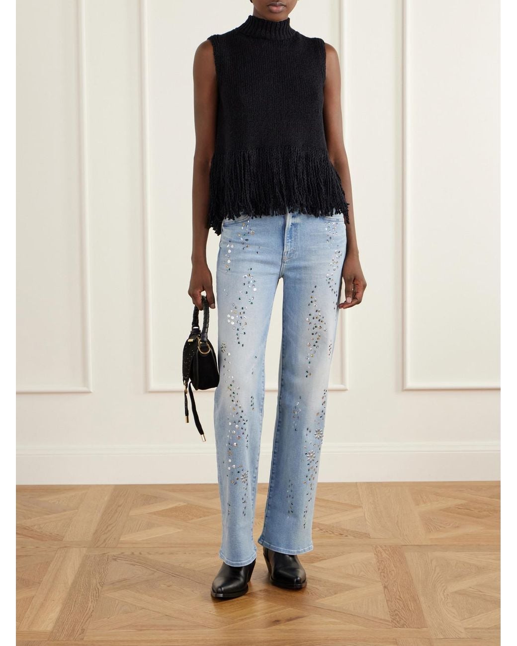 Mother Blue The Kick It Embellished Stretch High-Rise Straight-Leg Jeans