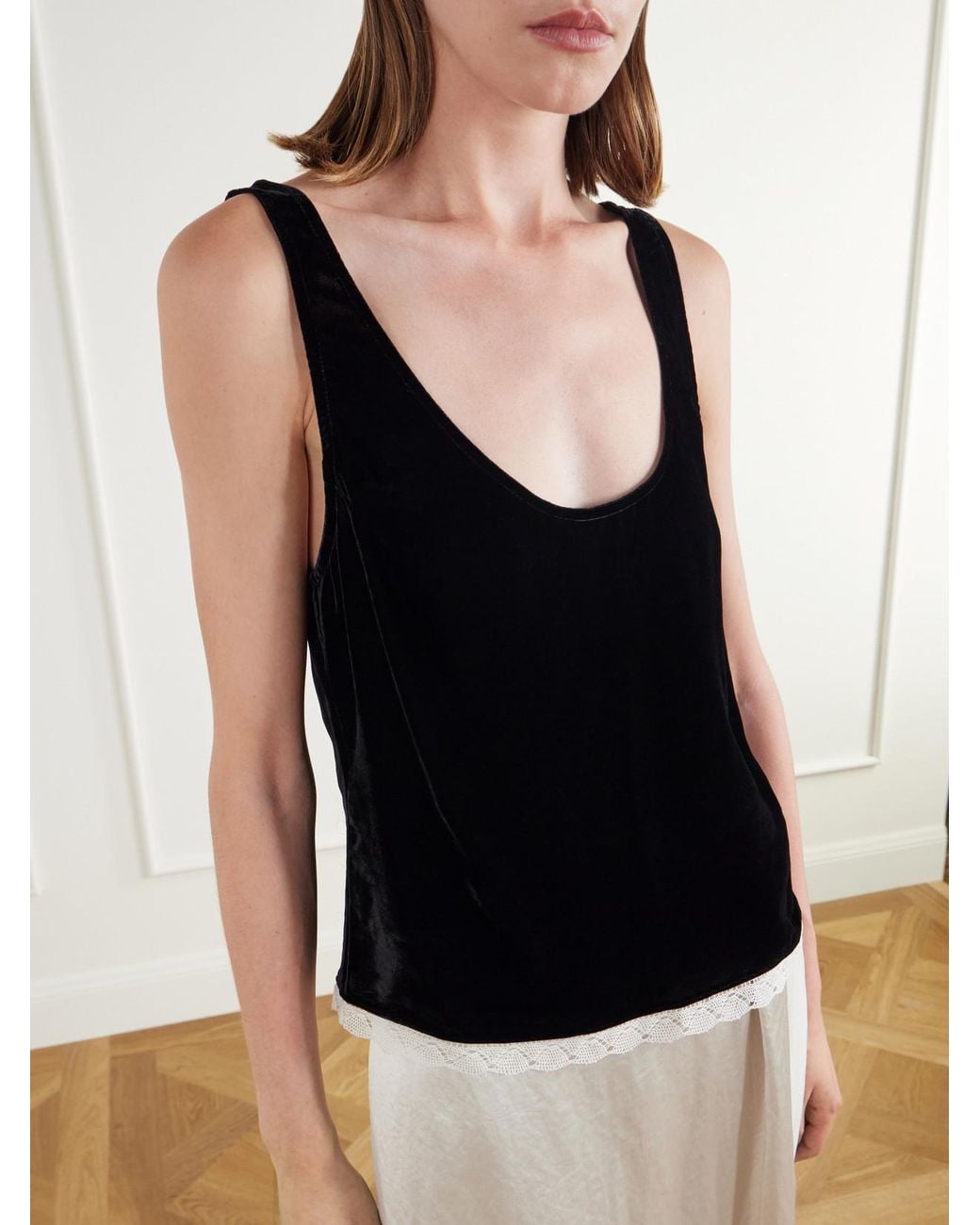 Maria McManus Black Lace-Trimmed Velvet Cami