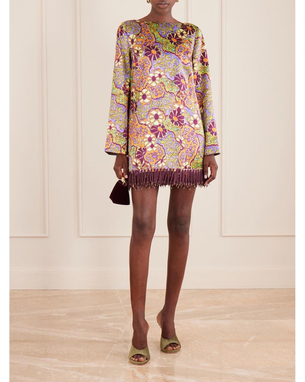ALÉMAIS Multicolor Floral-Print Fringed Satin Mini Dress