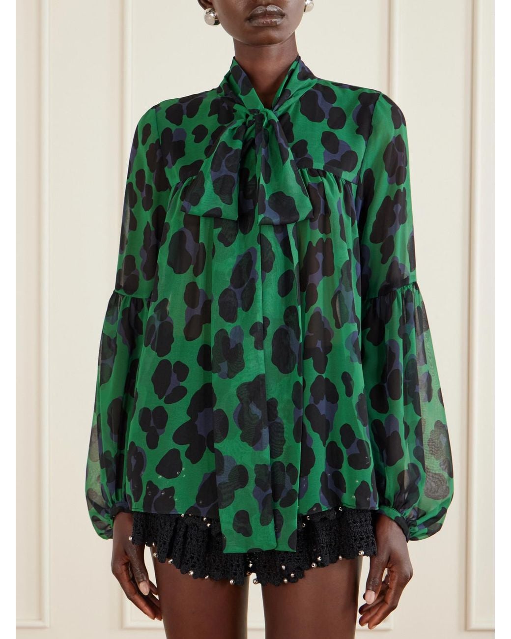 Anna Sui Green Knotted Gathered Leopard-Print Georgette Blouse