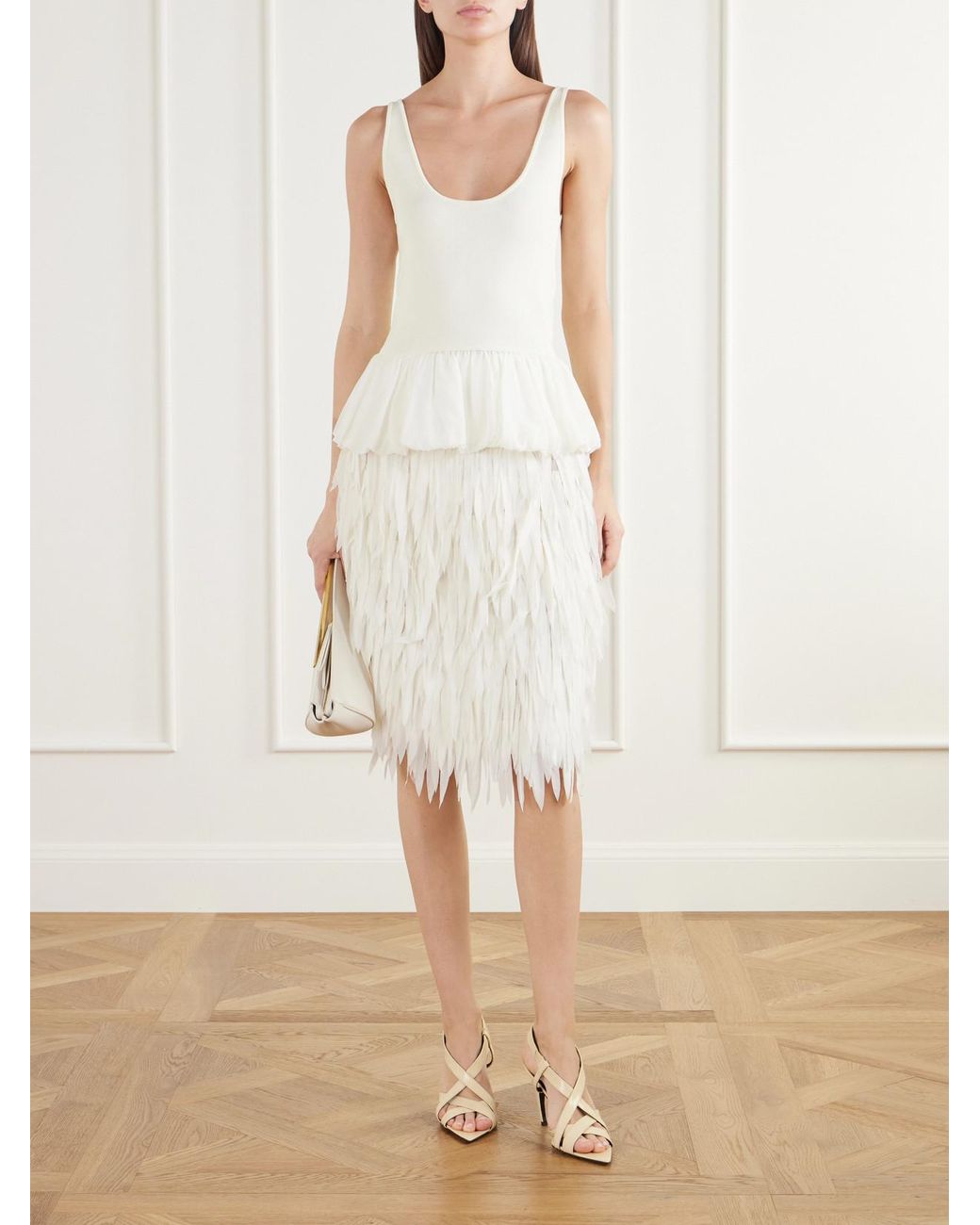 St. Agni White Rib-Trimmed Fringed Chiffon Midi Skirt