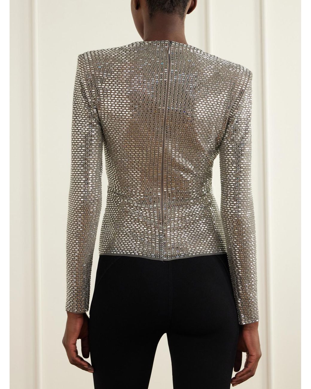 Self-Portrait Gray Crystal-Embellished Gathered Mesh Blouse