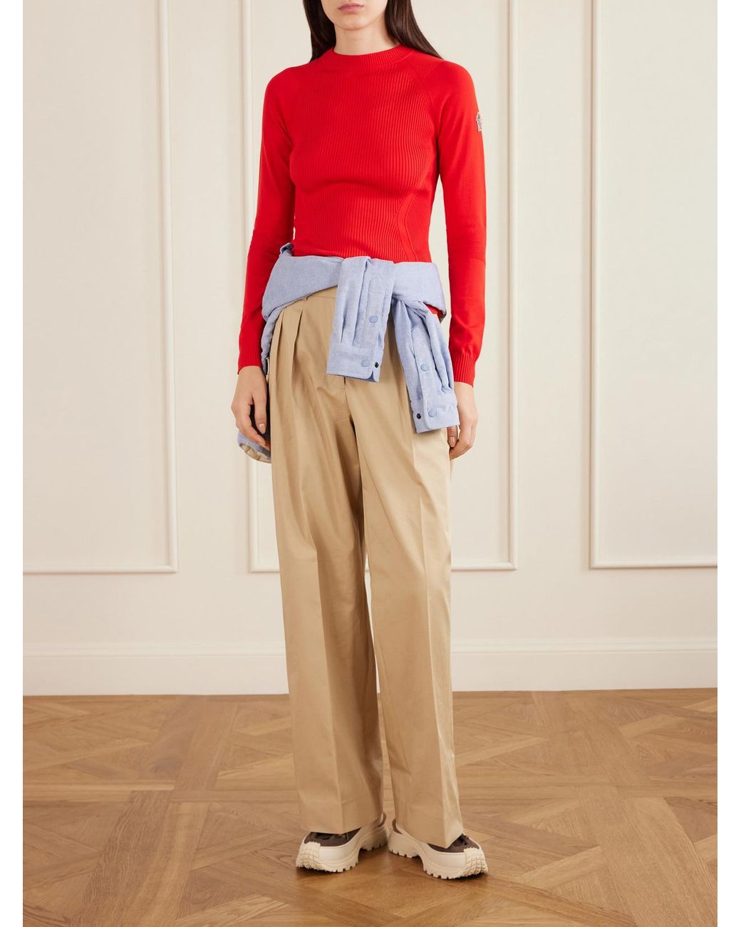 Moncler Red Appliquéd Ribbed-Knit T-Shirt