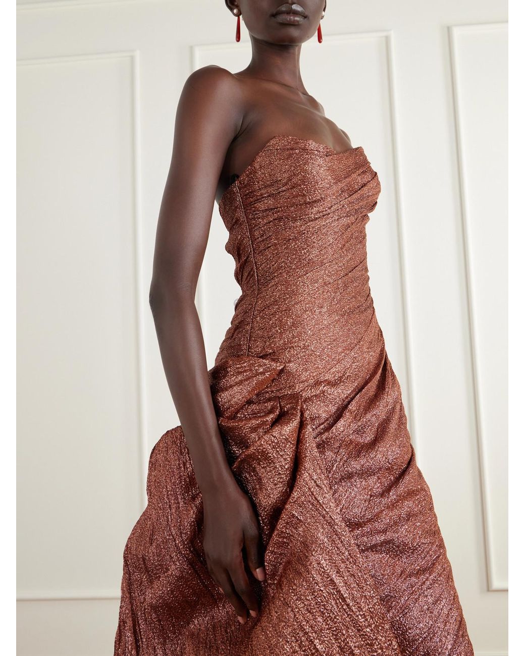 Marmar Halim Metallic Strapless Draped Brocade Wrap Gown