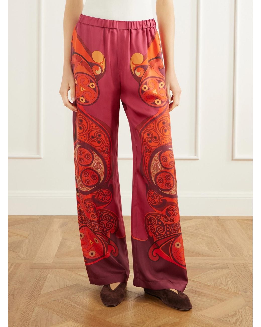 LaDoubleJ Red Club Printed Silk-Twill Wide-Leg Pants