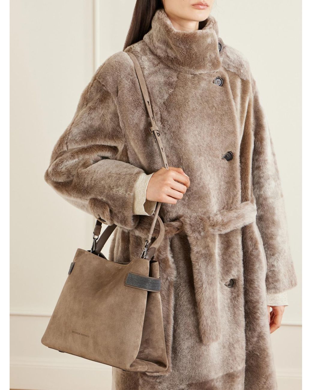 Brunello Cucinelli Natural Bead-Embellished Suede Shoulder Bag