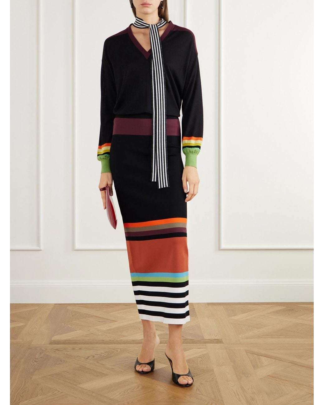 Christopher John Rogers White Striped Stretch-Jersey Midi Skirt