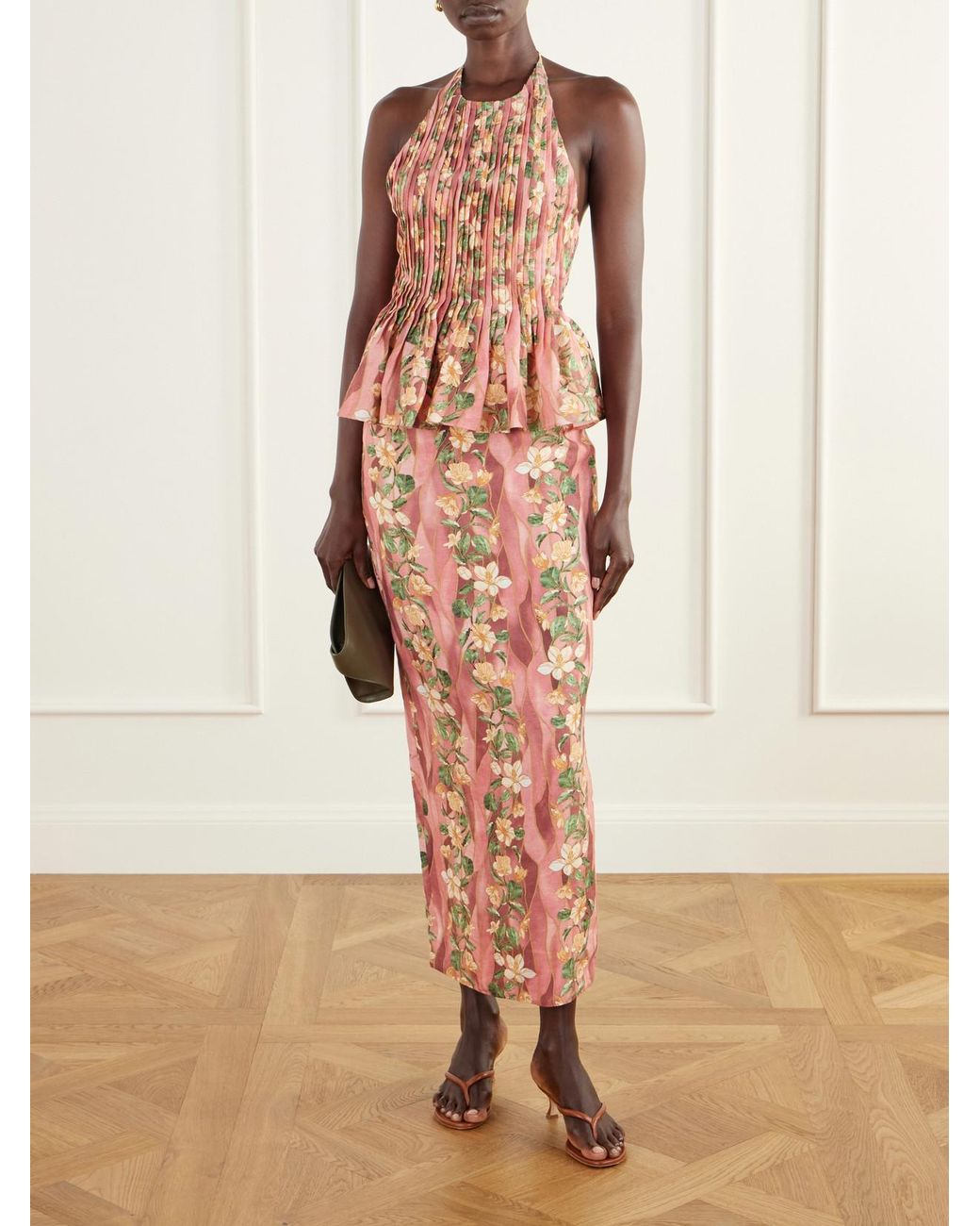 Agua Bendita Pink Caña Pleated Floral-Print Linen-Woven Halterneck Blouse