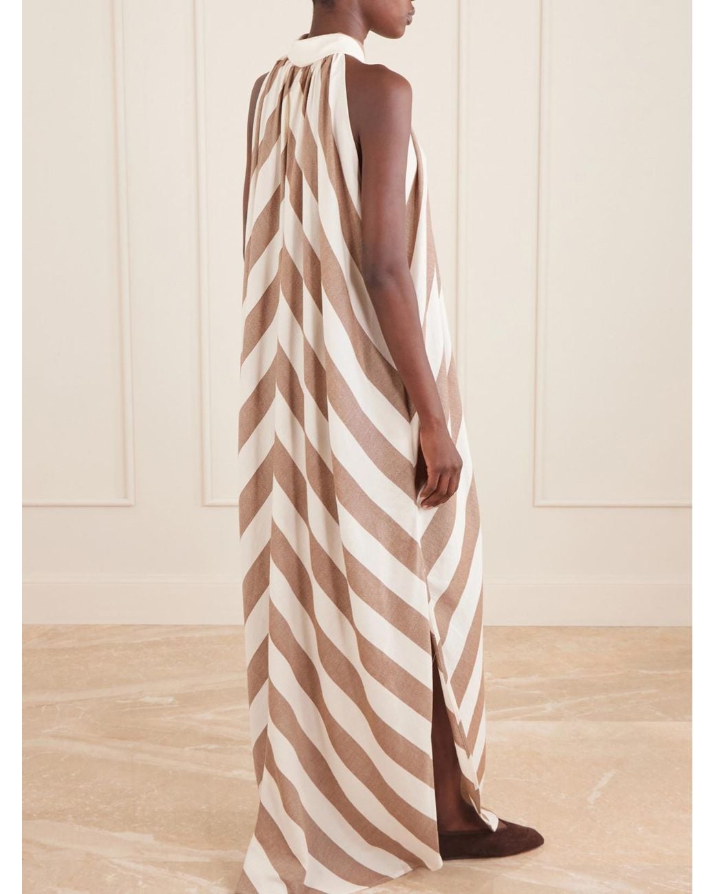 Marrakshi Life Natural Striped Cotton-Poplin Halterneck Maxi Dress