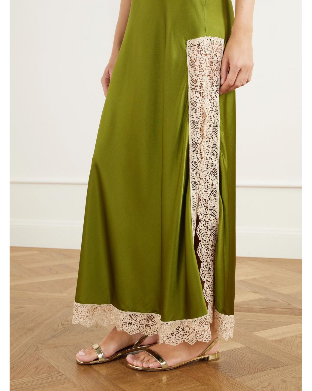 Miguelina Green Bead-Embellished Crochet-Trimmed Silk-Blend Satin Maxi Dress