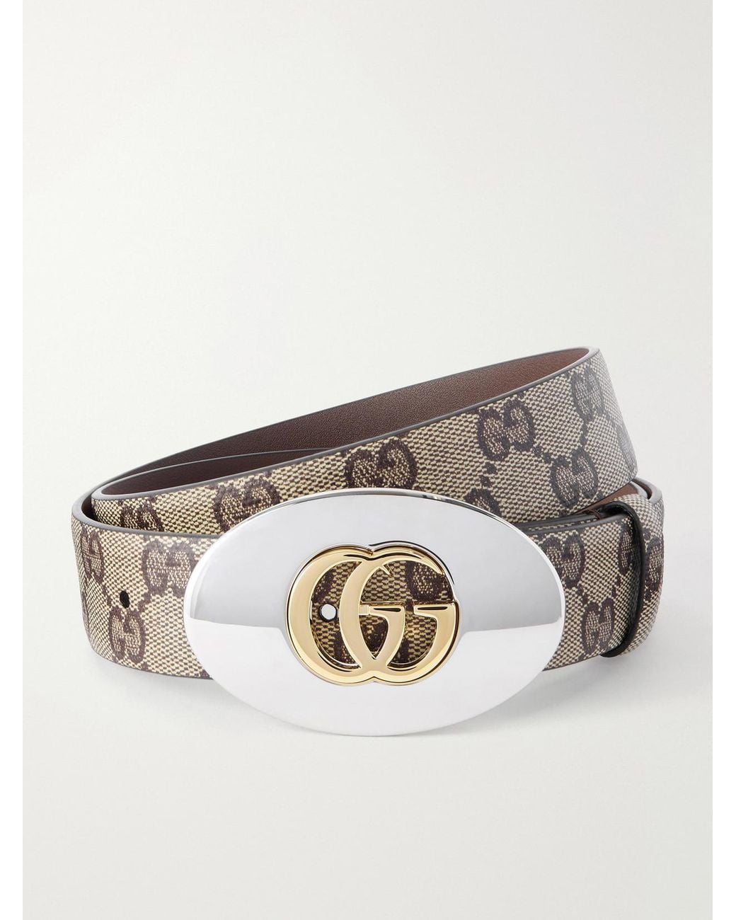 Gucci Metallic Gg Plaque Printed Coated-Canvas And Leather Belt