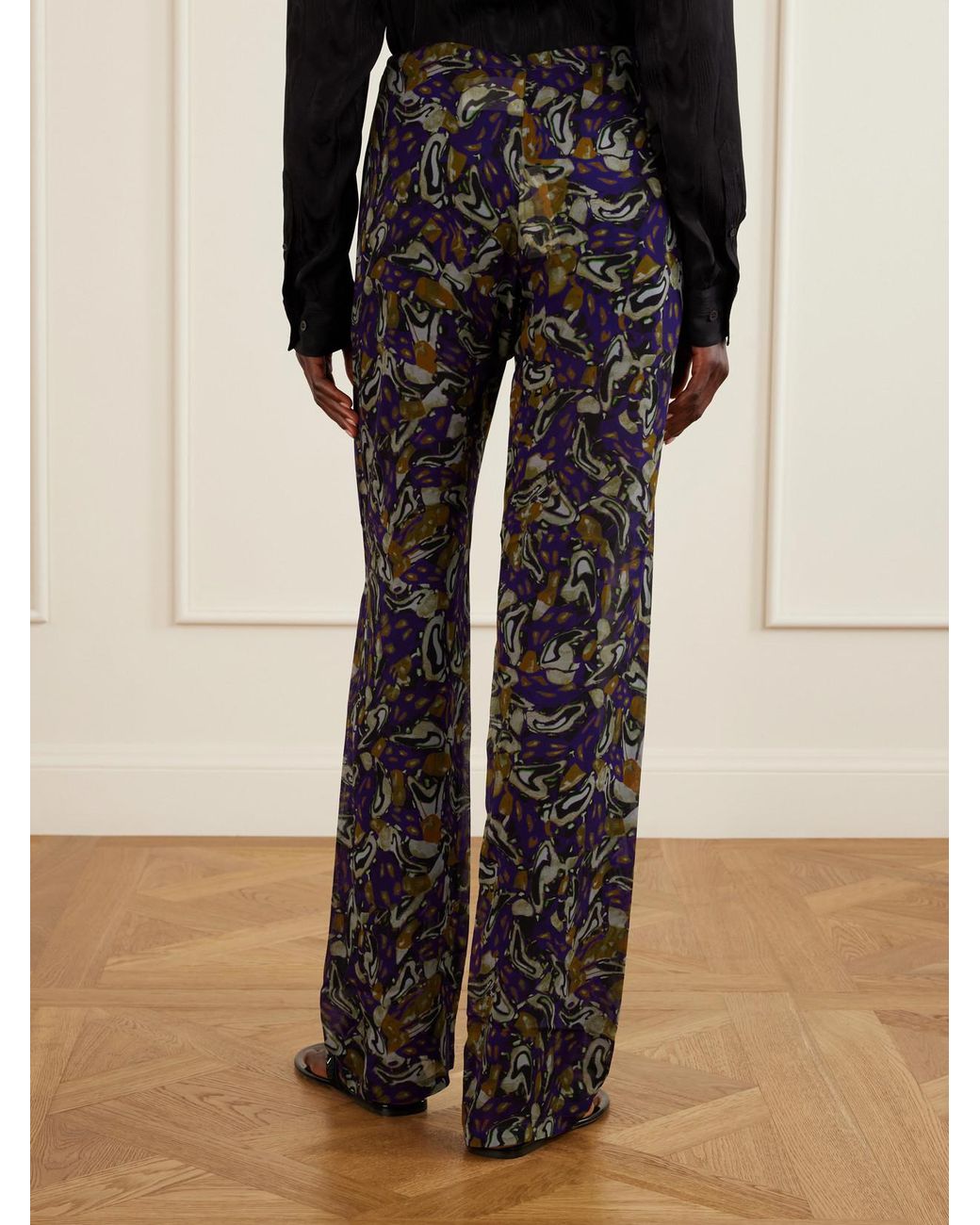 Dries Van Noten Blue Printed Georgette Straight-Leg Pants
