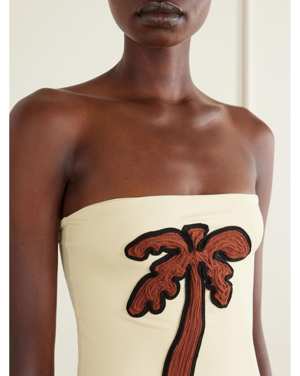 Johanna Ortiz Natural Palm Appliquéd Strapless Swimsuit
