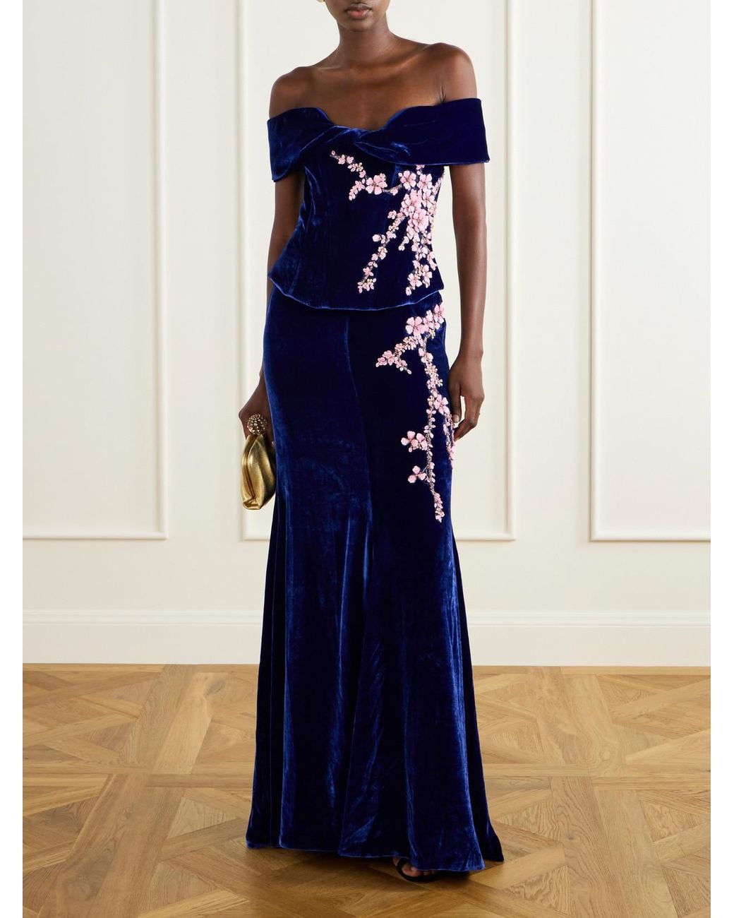 Costarellos Blue Rielle Flower-Appliqué Off-Shoulder Velvet Gown