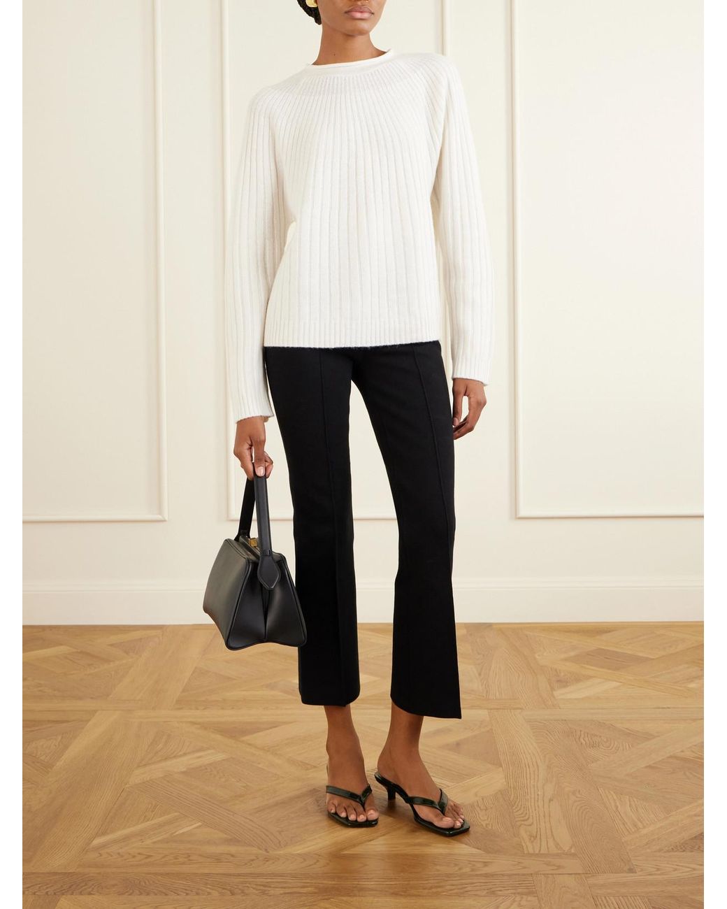 La Ligne White Scallop Ribbed-Knit Cashmere Sweater