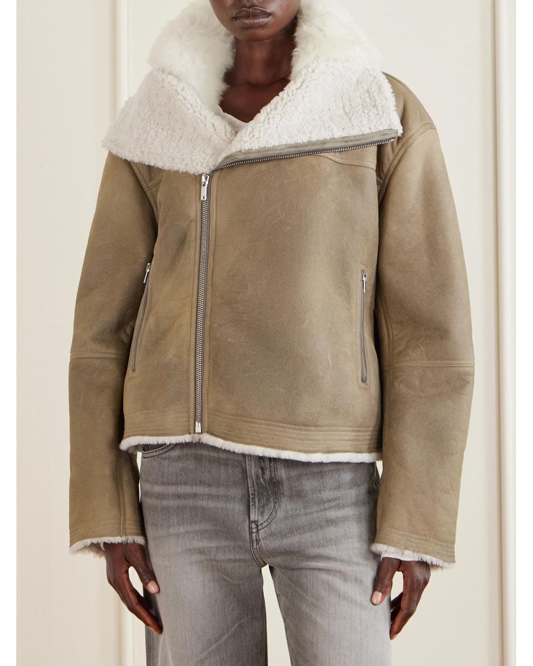 Rick Owens Natural Belted Shearling-Trimmed Suede Jacket
