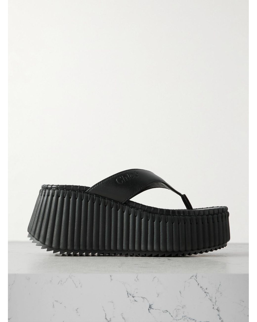 Chloé Black Nama Leather Platform Flip Flops