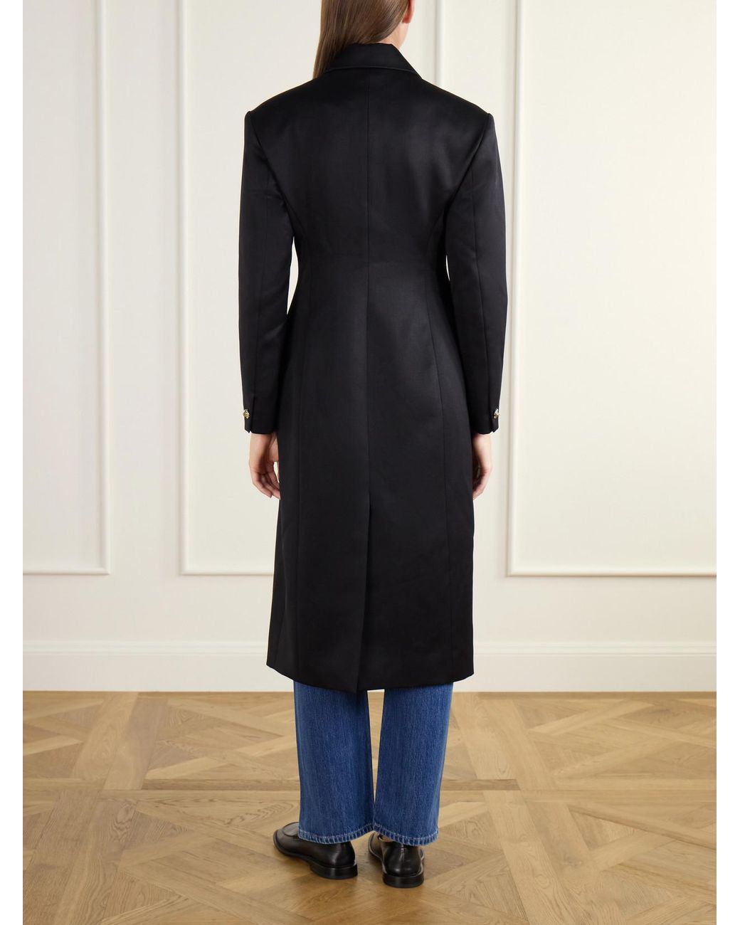 RÙADH Black The Ophelia Double-Breasted Satin-Trimmed Wool-Twill Coat
