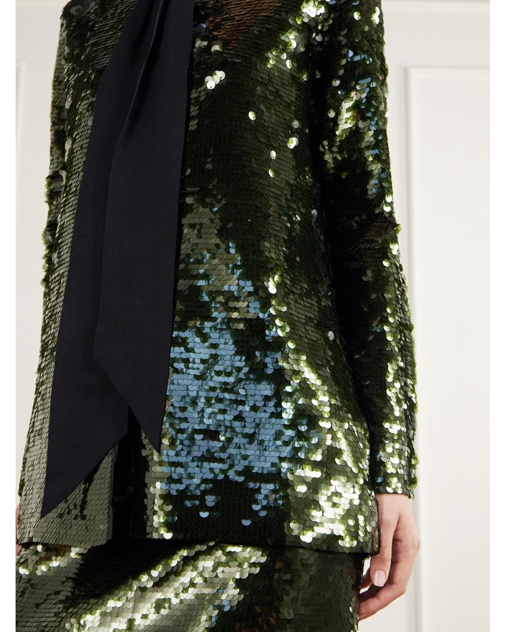 Carolina Herrera Green Bow-Detailed Sequined Knitted Cardigan