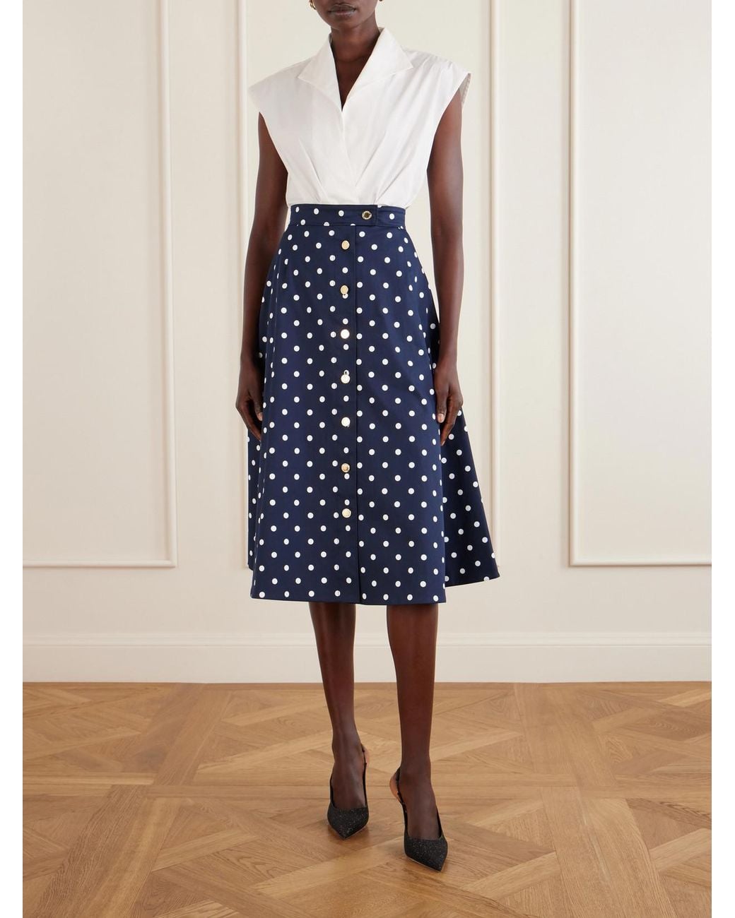 Carolina Herrera Blue Polka-Dot Cotton-Blend Twill Midi Skirt