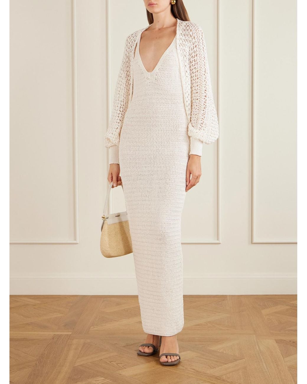 Balmain White Crochet-Knit Maxi Dress