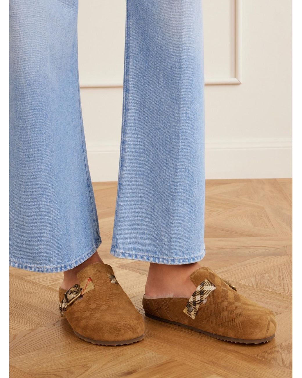 Burberry Brown Urchin Check Shearling-Trimmed Clogs