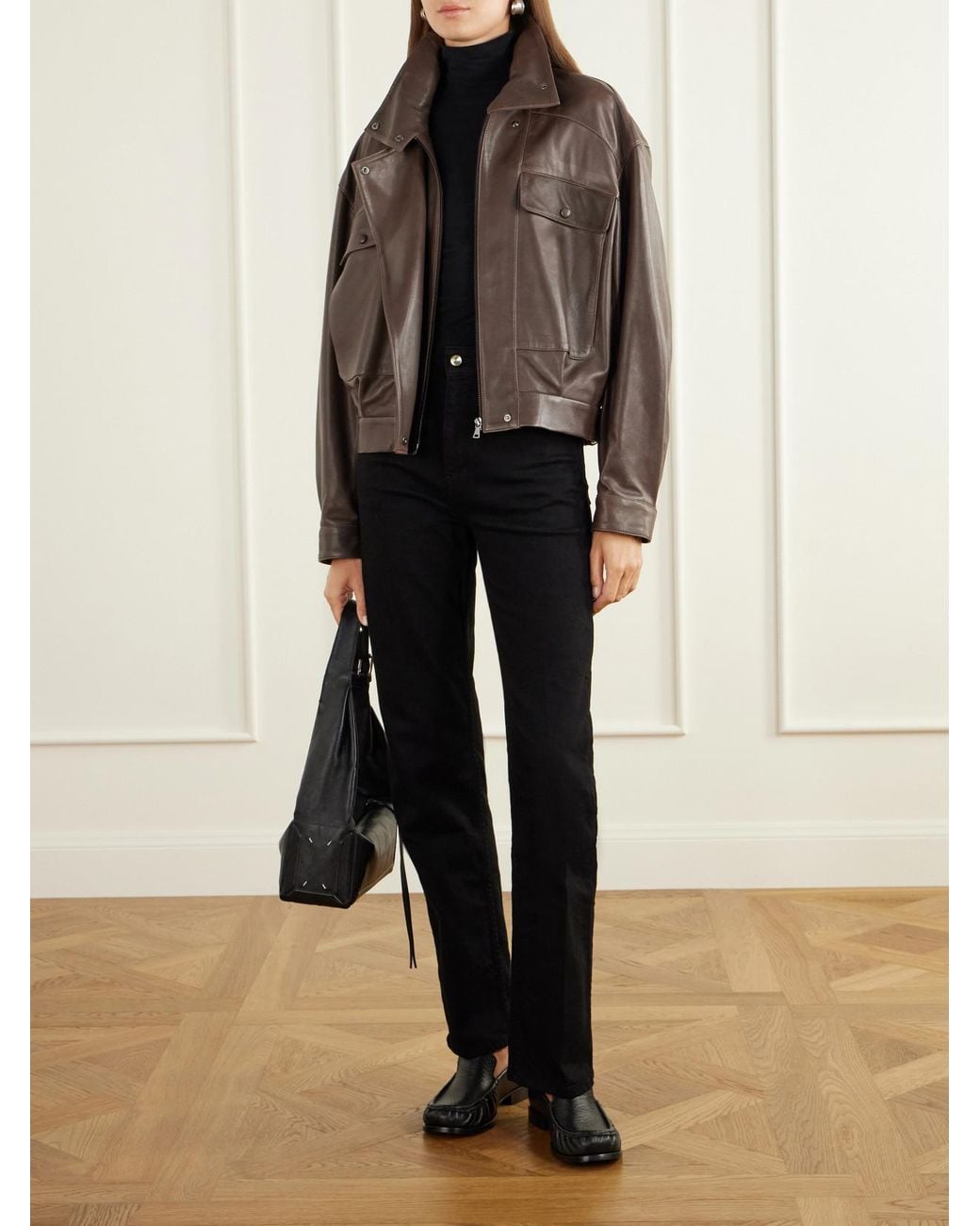 Nour Hammour Brown Quincy Cropped Paneled Leather Bomber Jacket