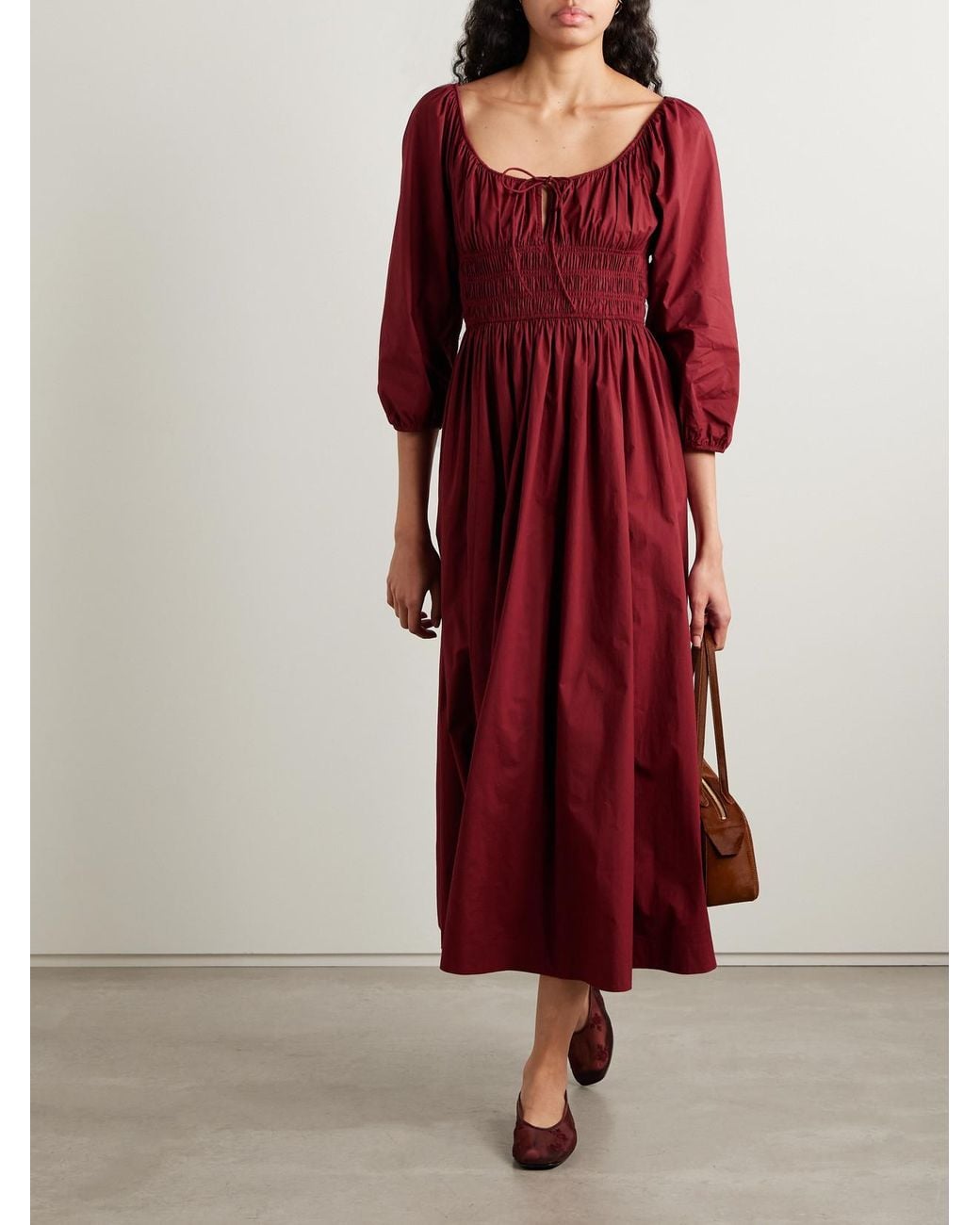 Doen Quintessa Tie-Detailed Shirred Organic Cotton-Poplin Midi Dress