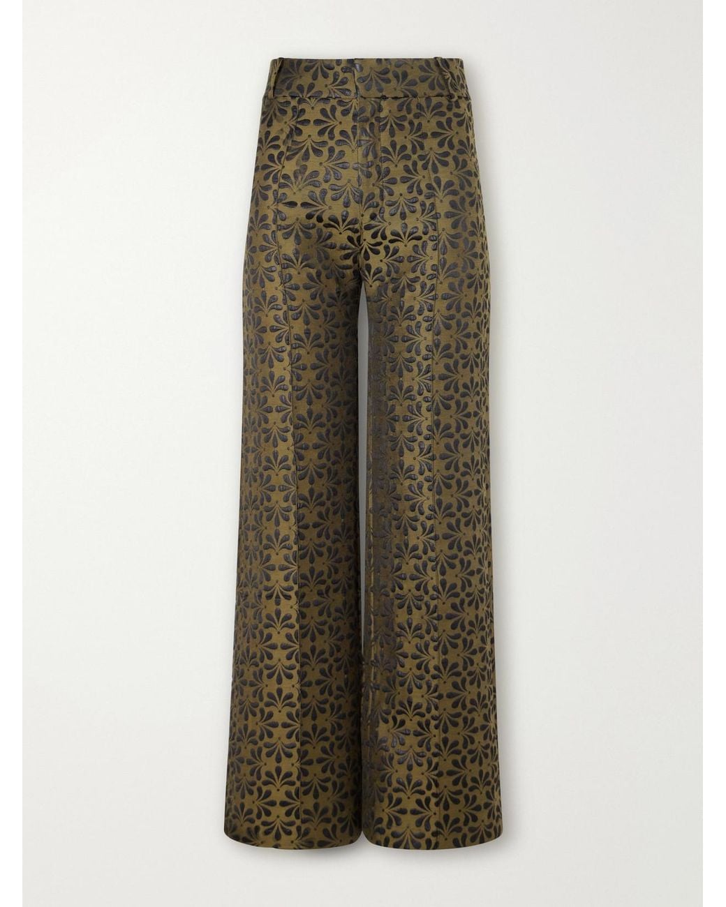 D'Estree Green Yoshitomo Pintucked Floral-Jacquard Wide-Leg Pants
