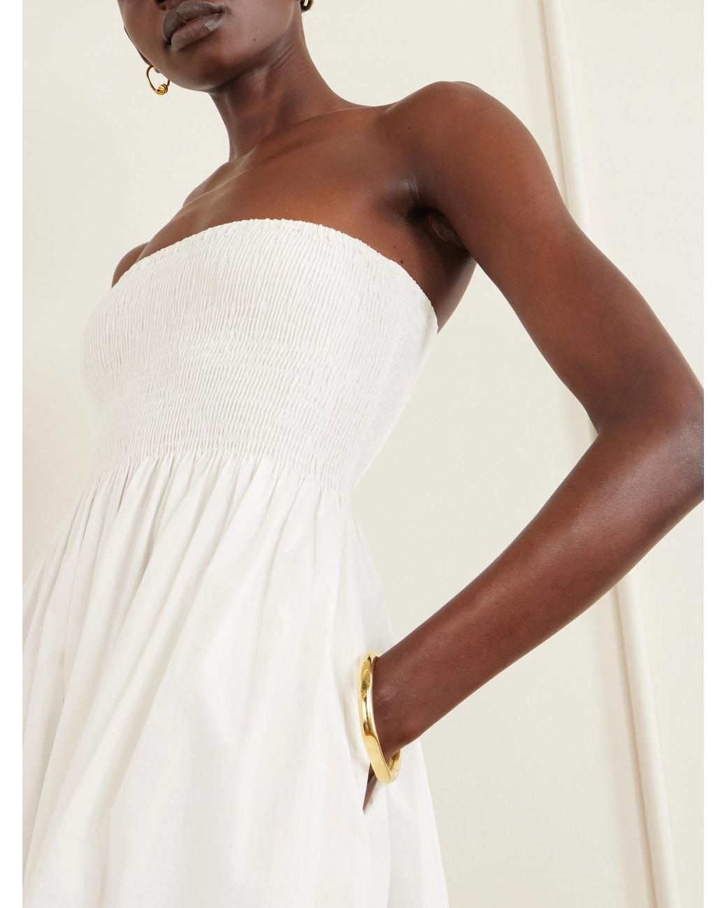 Faithfull The Brand White Jamie Strapless Shirred Cotton-Poplin Midi Dress