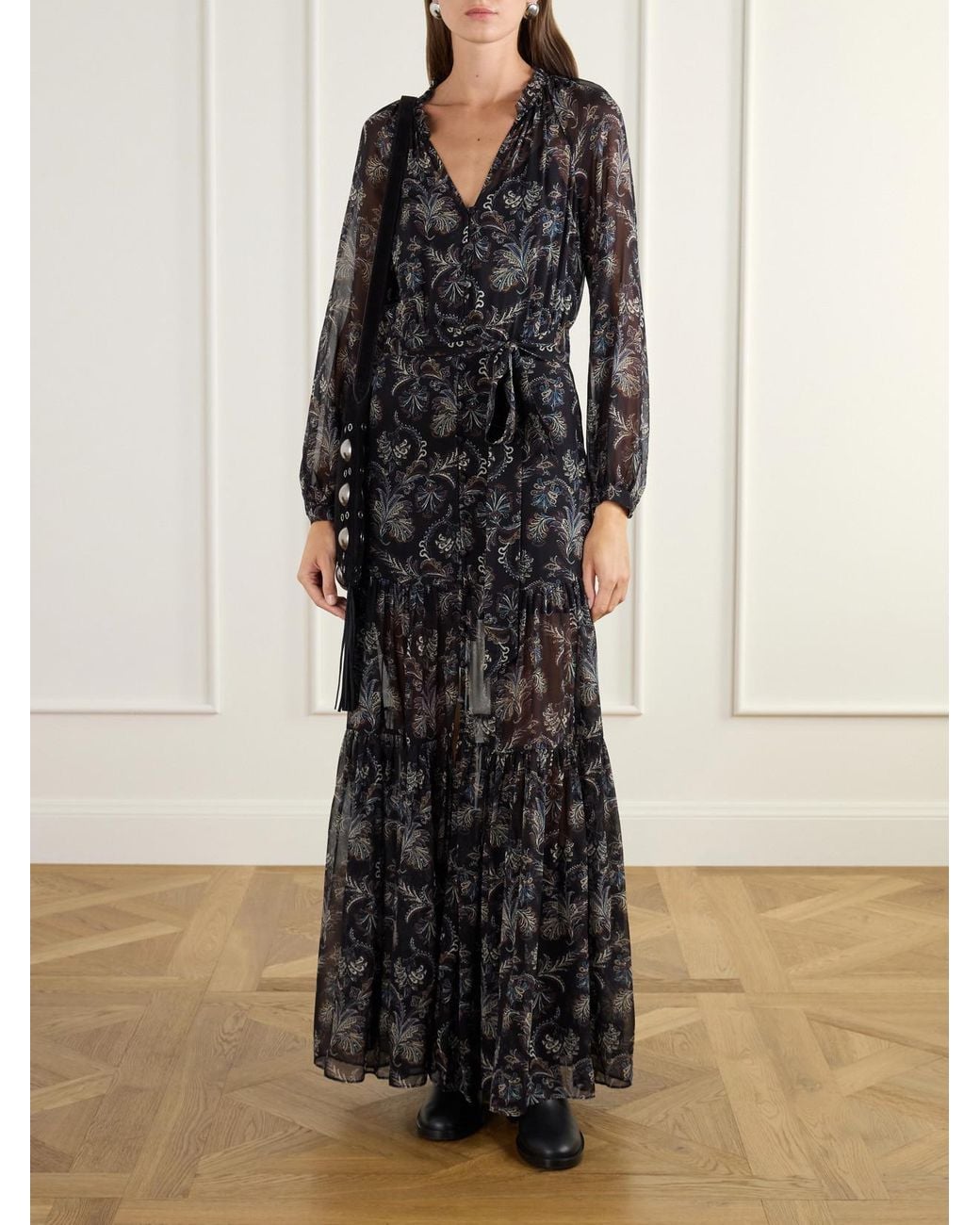 Veronica Beard Gray Isra Belted Gathered Paisley-Print Silk-Georgette Maxi Dress