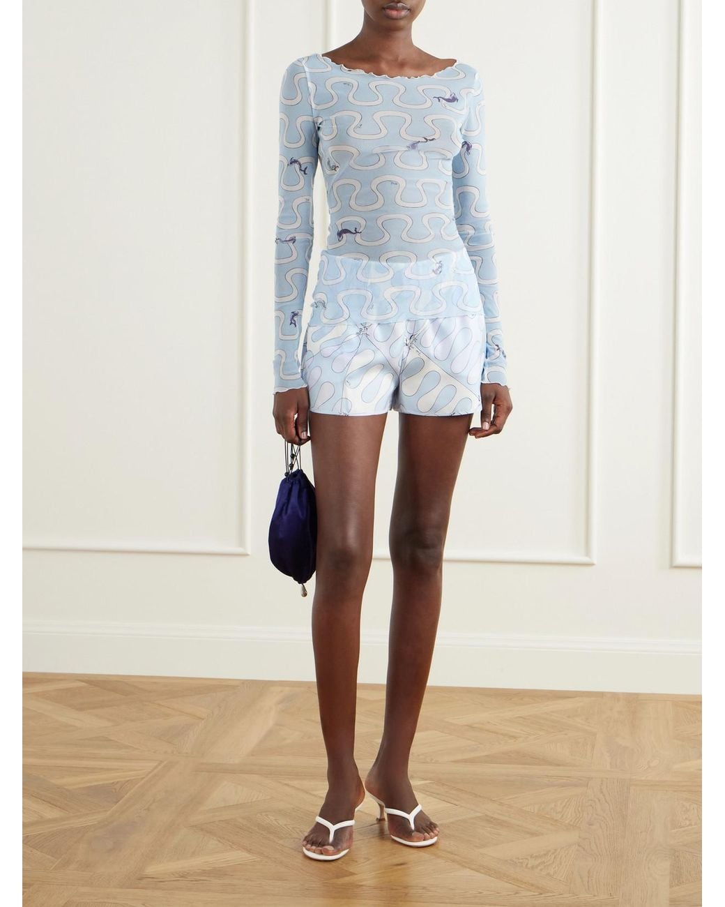 Emilio Pucci Blue Printed Stretch-Tulle Top