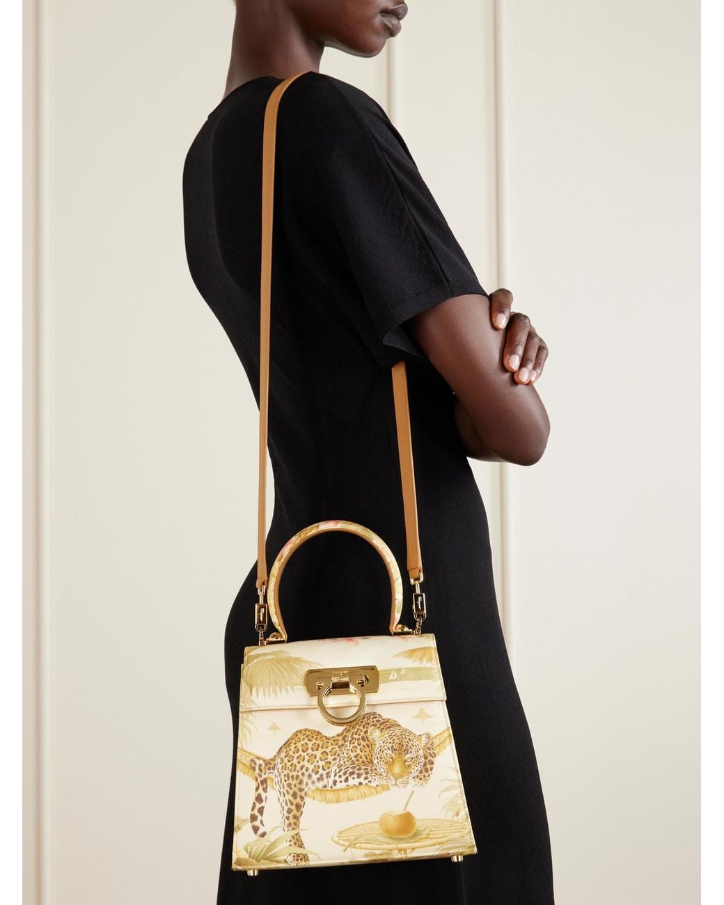 Ferragamo Natural Leather-Trimmed Printed Canvas Shoulder Bag