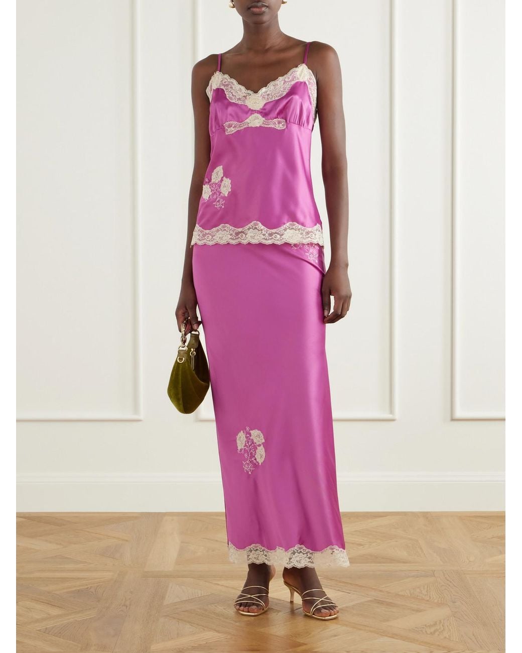 Anna Sui Pink Lace-Trimmed Embroidered Satin Maxi Skirt