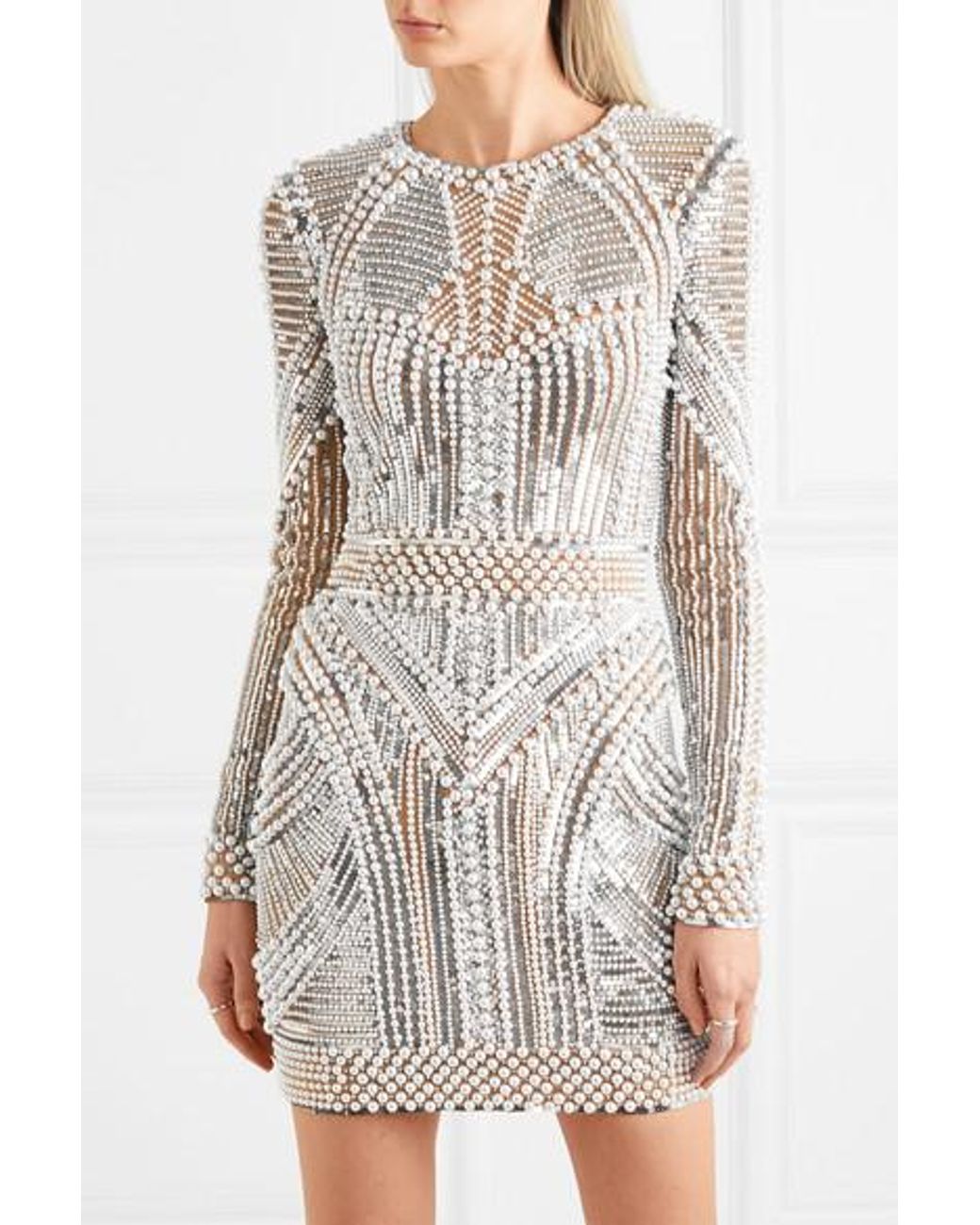 Balmain Embellished Tulle Mini Dress in Metallic | Lyst