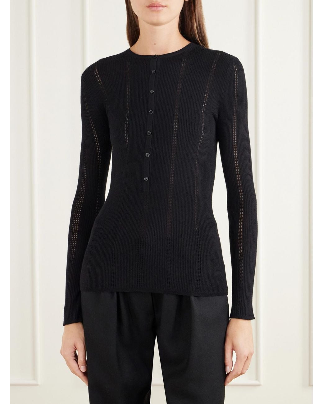 Gabriela Hearst Black Olea Ribbed Pointelle-Knit Wool Henley Top