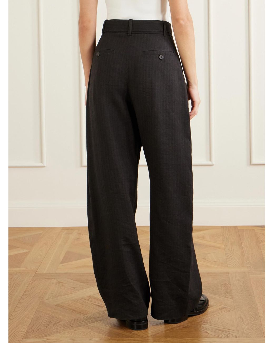 Studio Nicholson Black Chatto Belted Herringbone Cotton And Linen-Blend Wide-Leg Pants