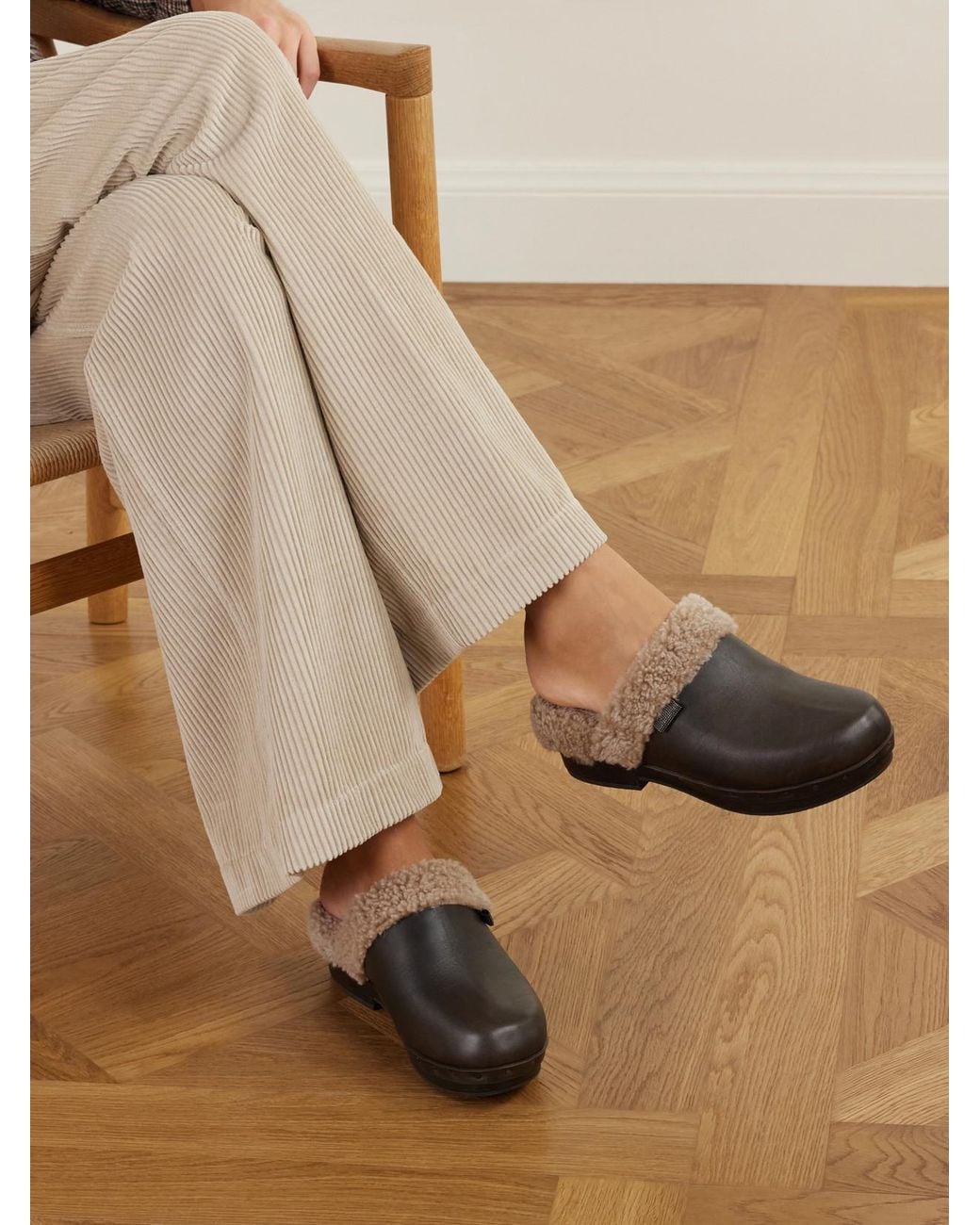 Brunello Cucinelli Brown Monili-Embellished Shearling-Trimmed Leather Clogs