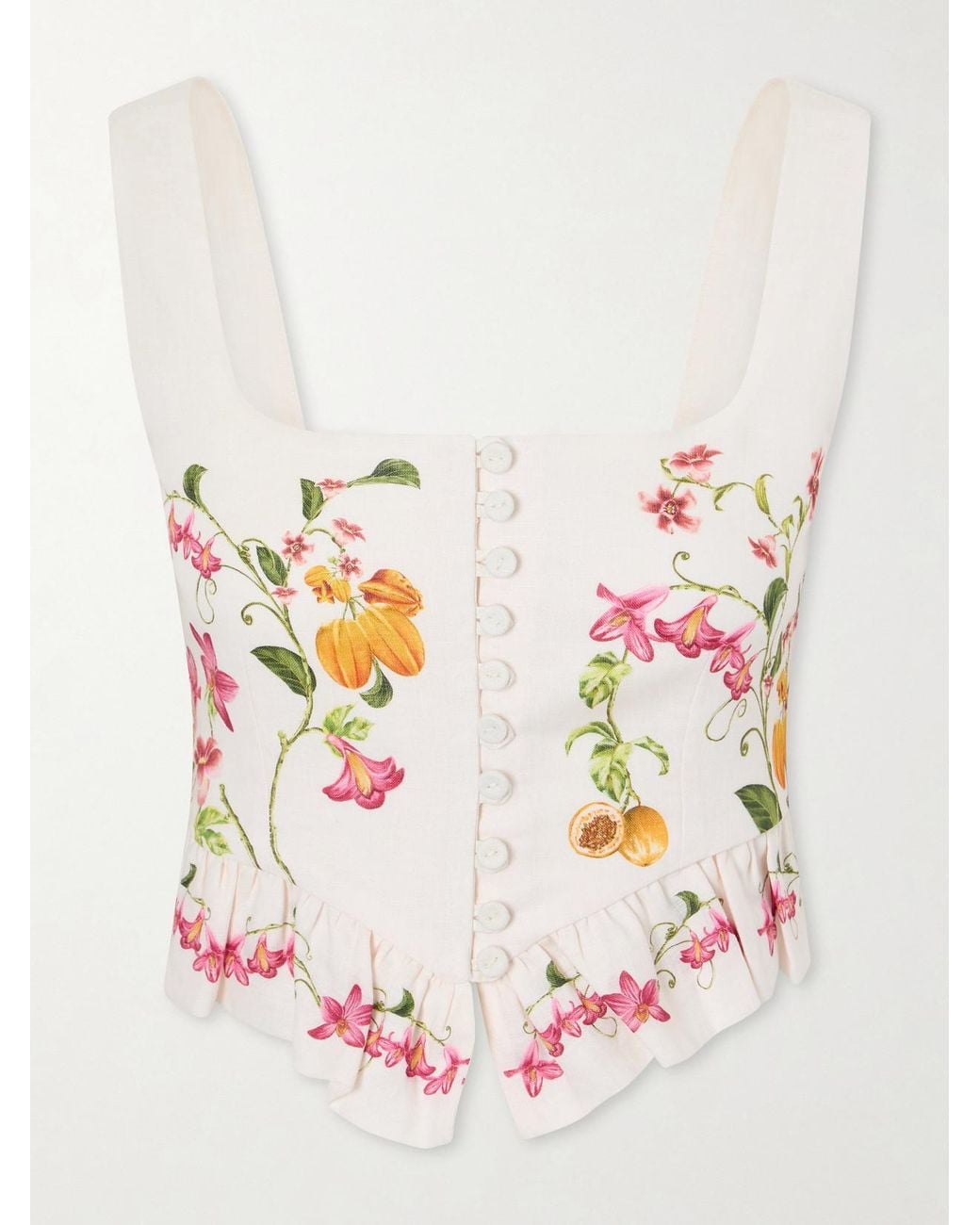 Agua Bendita Pink Eslabón Cropped Ruffled Floral-Print Linen Top