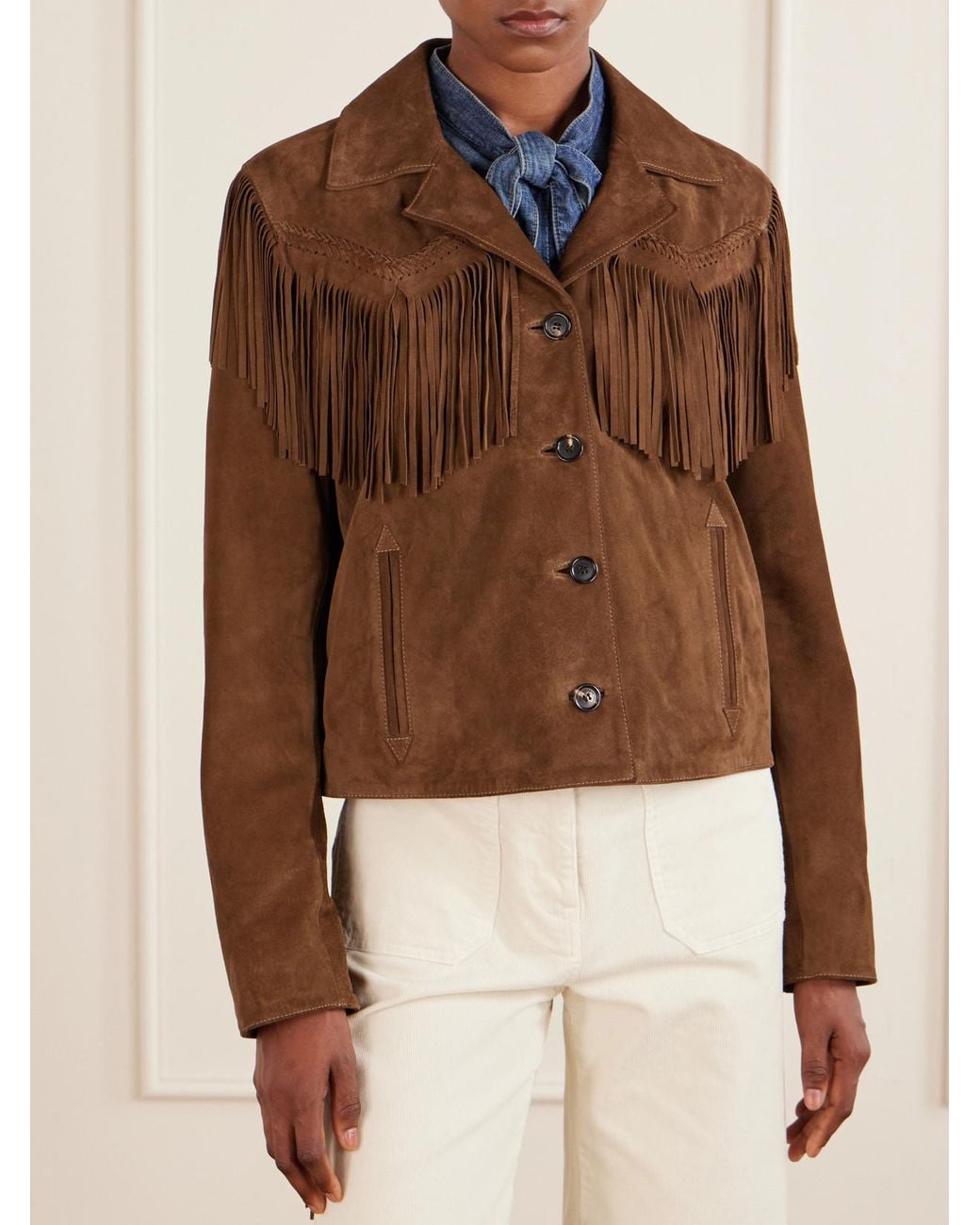 Nili Lotan Brown Eloi Fringe-Trimmed Suede Jacket