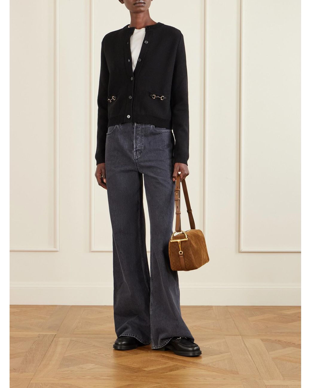 Gucci Blue Horsebit-Embellished Leather-Trimmed Wool And Cashmere-Blend Cardigan