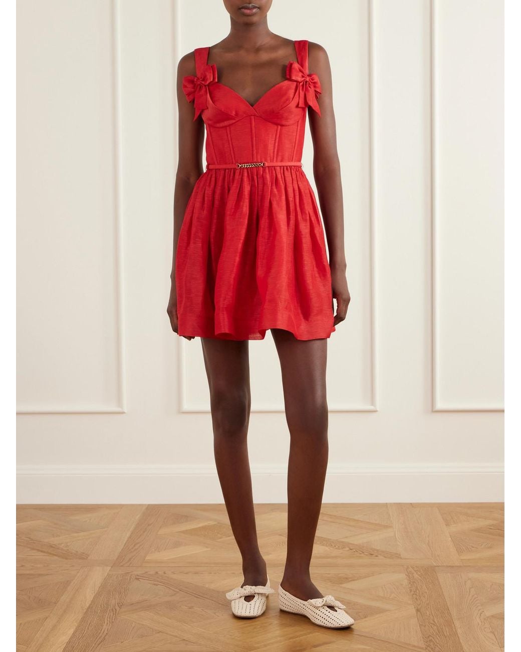 Zimmermann Red Clash Belted Bow-Detailed Linen And Silk-Blend Mini Dress