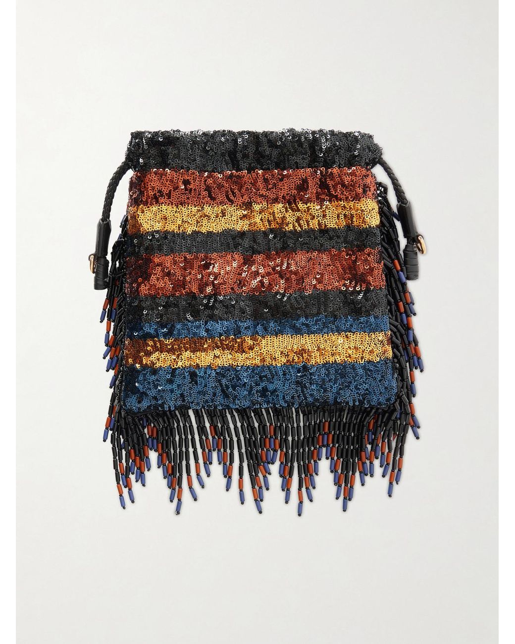 Etro Black Kalispera Fringed Bead-Embellished Leather-Trimmed Sequined Drawstring Bag