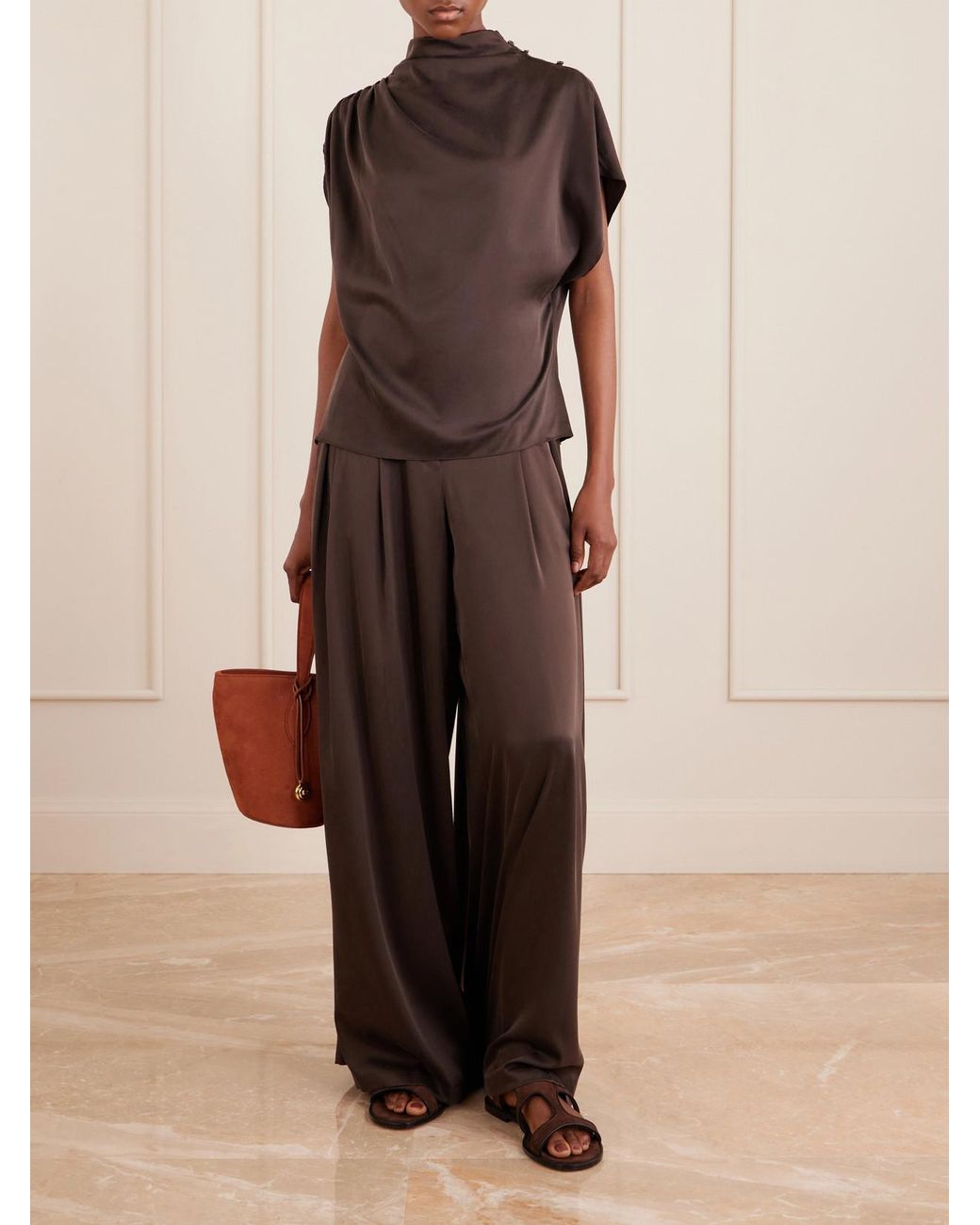 Twp Brown Wish You Would Draped Silk-Blend Charmeuse Blouse